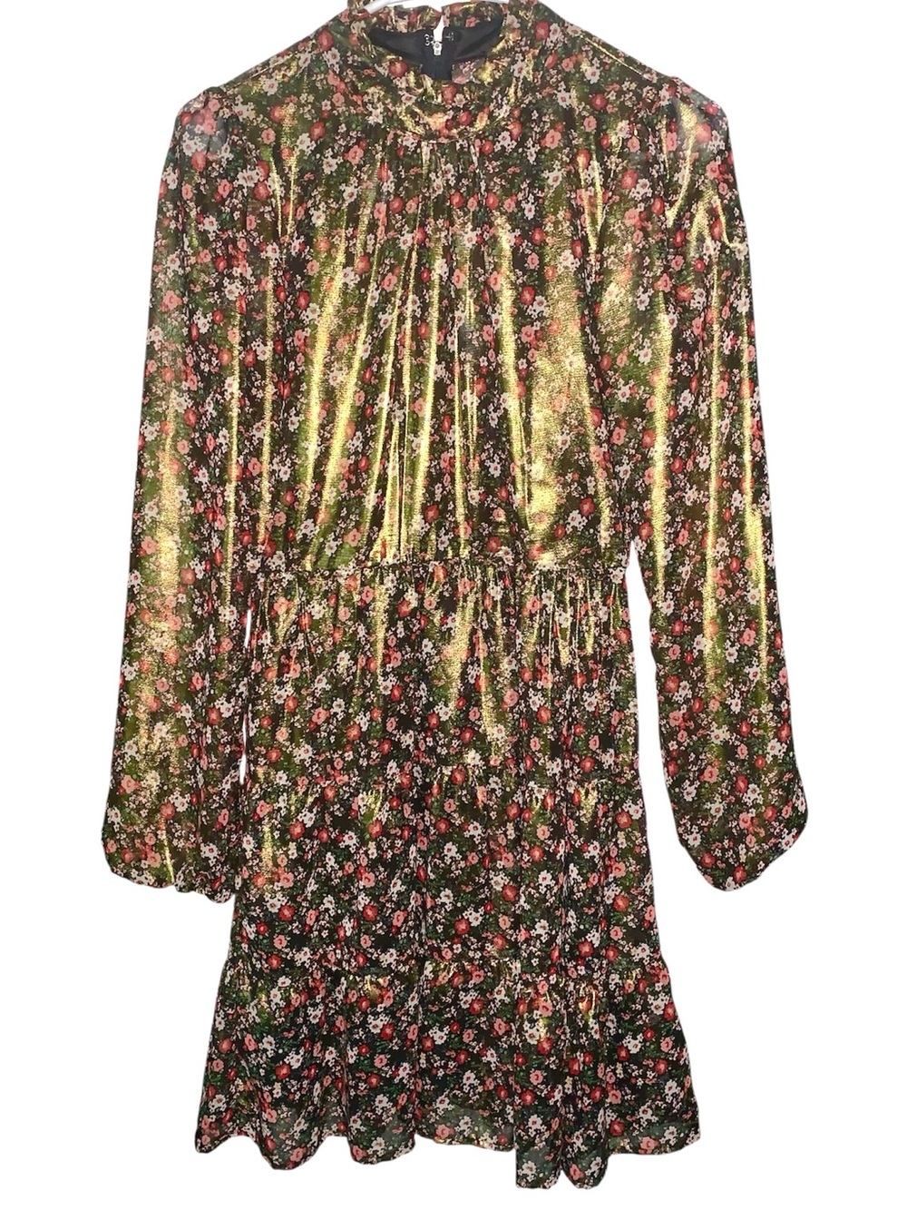 Trixxi Green Velvet Floral Mini Dress with Pink and Red Blooms